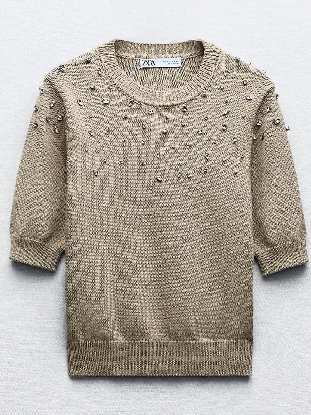 Zara Crystal-Embellished Short Sleeve Crewneck Sweater in Beige